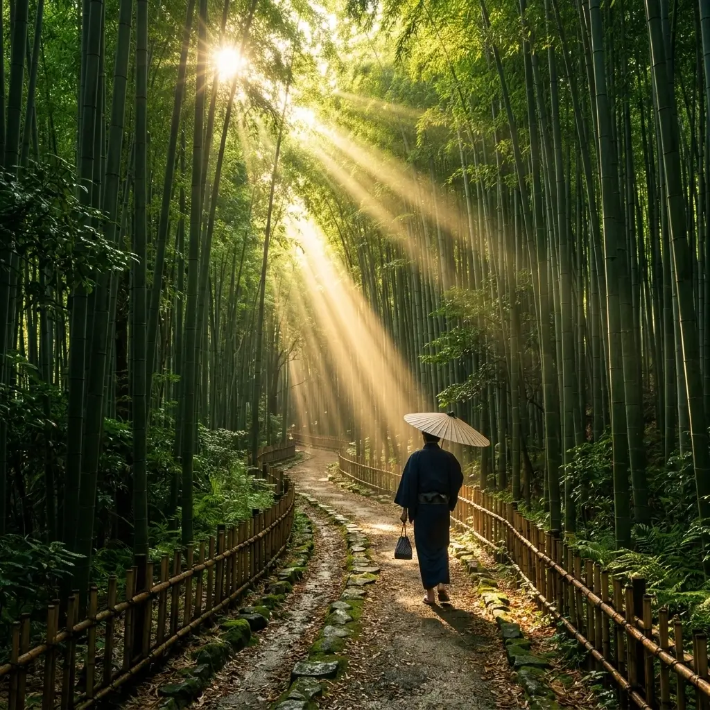 Kyoto Bamboo Forest path in morning sun