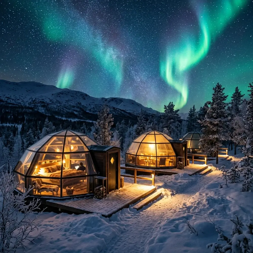 Beautiful cozy lighted dome igloo hotel room under skies